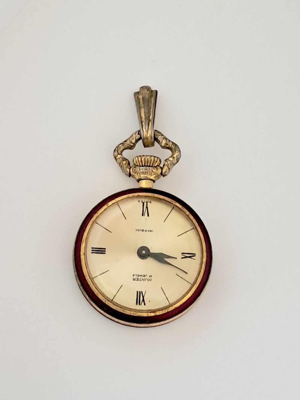 Vtg Hunter 17 Jewels Incabloc Red Floral Enamel Pendant Mechanical Watch Runs
